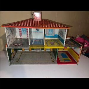 Red and Yellow Dollhouse with Two Stories and Attic